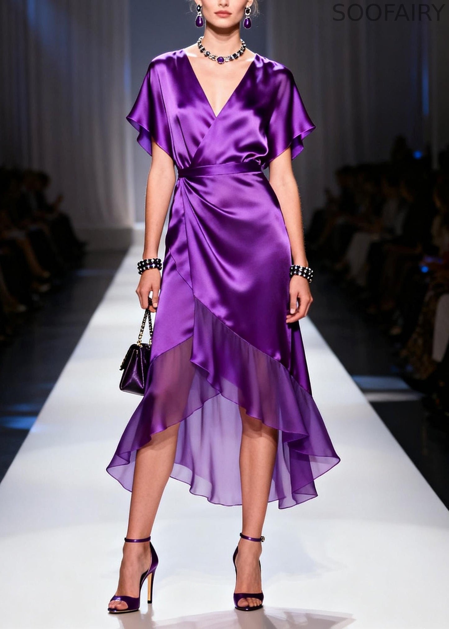 Purple V Neck Patchwork Chiffon Dresses Summer