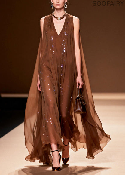 Choaolate Oversized Rhinestone Chiffon Maxi Dresses Sleeveless