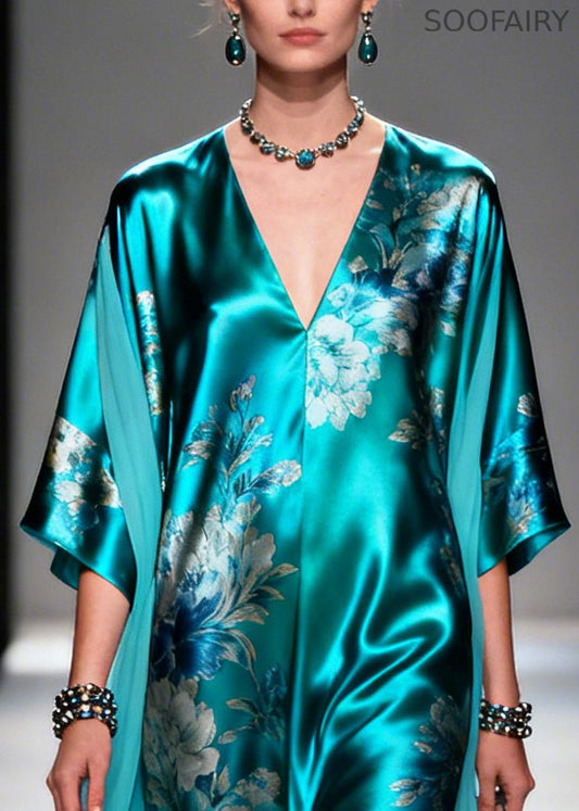 Blue Oversized Patchwork Print Silk Holiday Dress Summer