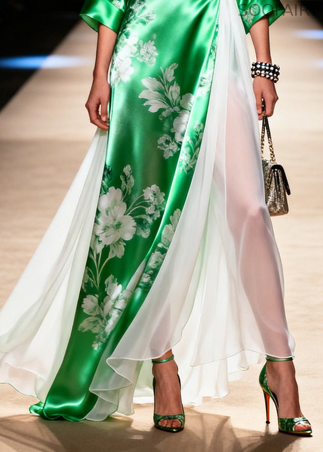 Green Patchwork Exra Large Hem Silk Vacation Dresses Summer