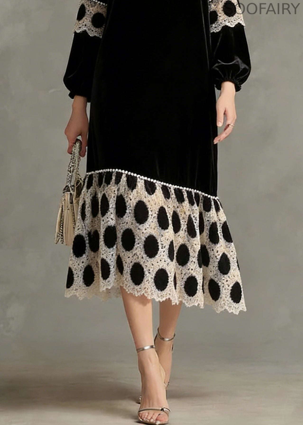 French Black V Neck Patchwork Silk Velvet Long Dress Spring
