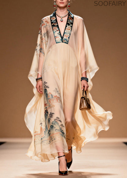 Boutique V Neck Print Patchwork Chiffon Long Dress Spring