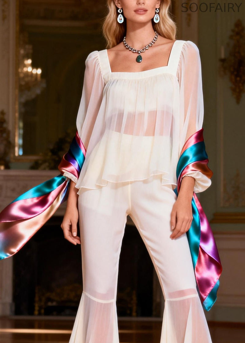 Stylish Beige Square Collar Silk Patchwork Two Pieces Set Spring