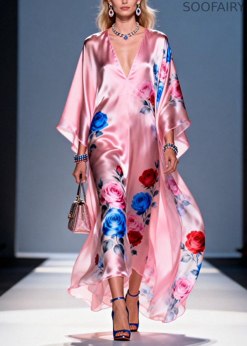 Pink Oversized Flower Print Chiffon Party Dress Summer