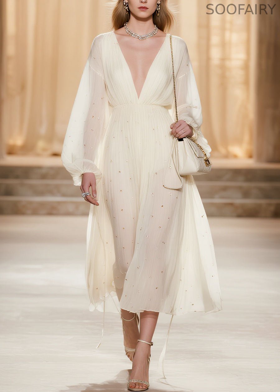 Classy White V Neck Wrinkled Zircon Chiffon Dresses Spring