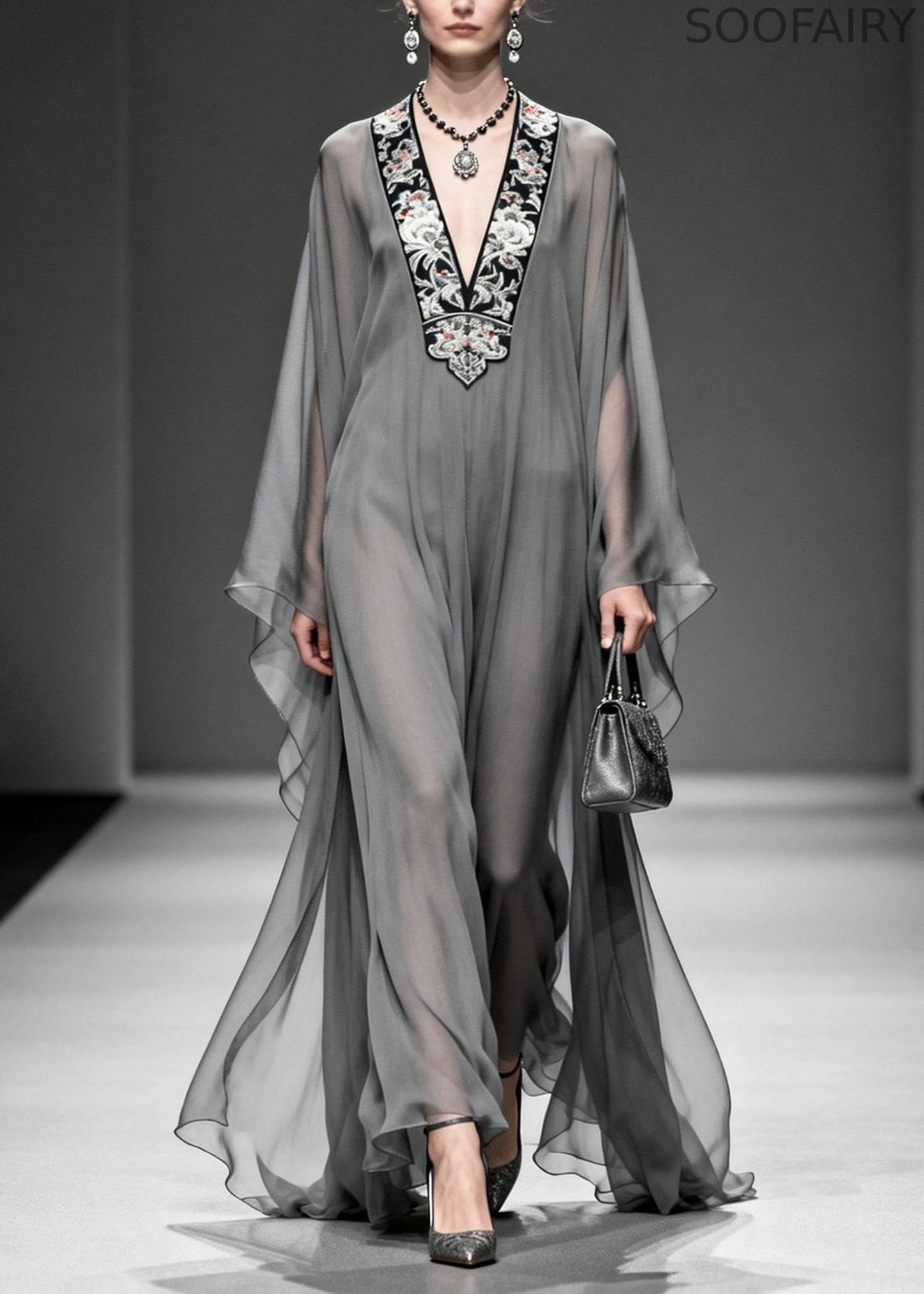 Grey V Neck Print Loose Chiffon Long Dress Spring