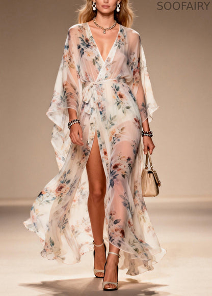 Print Side Open Lace Up Chiffon Dresses Summer