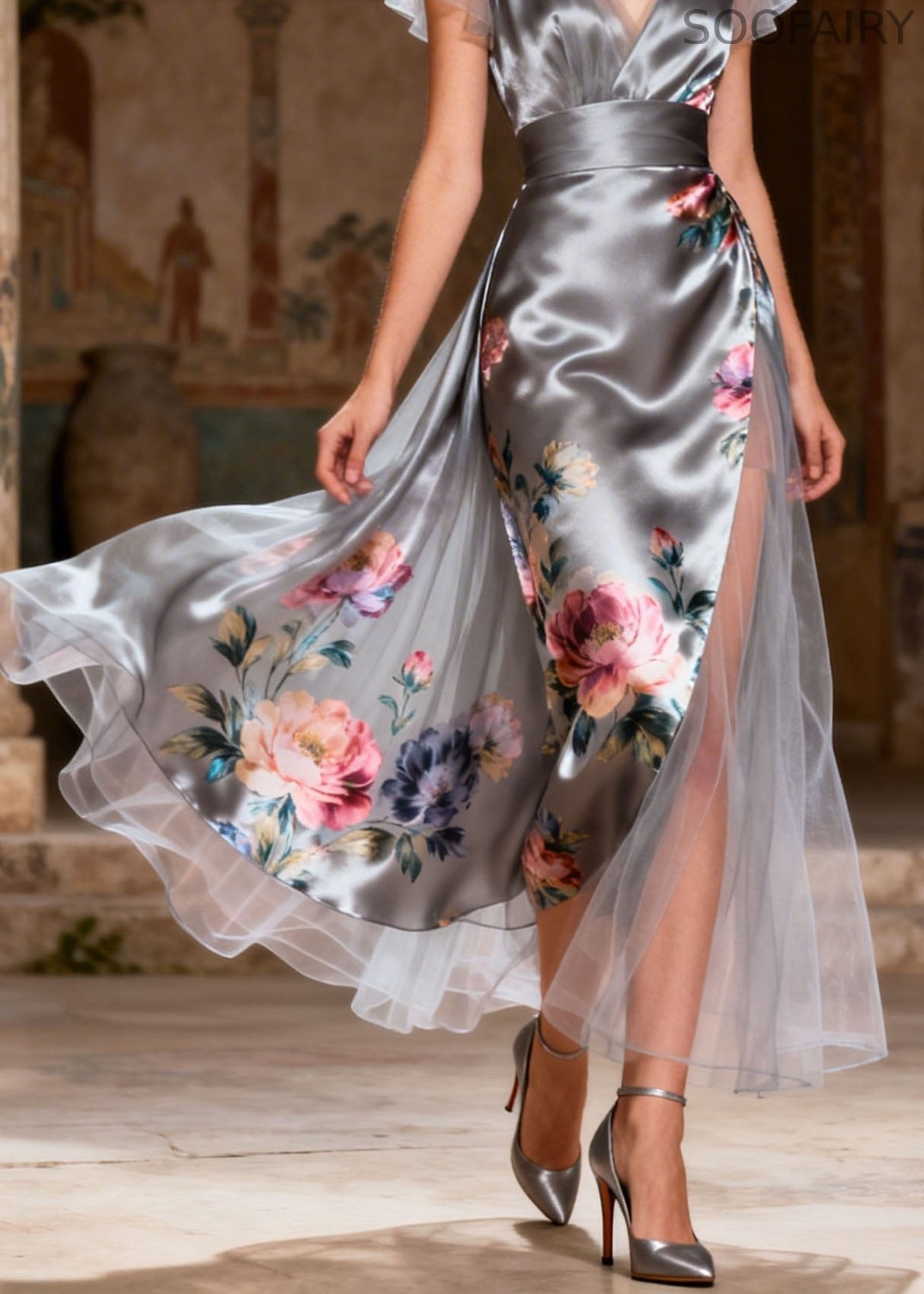Grey V Neck Print Patchwork Silk Dress Summer
