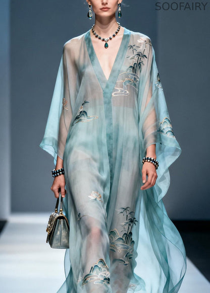 V Neck Print Chiffon Long Dress Summer