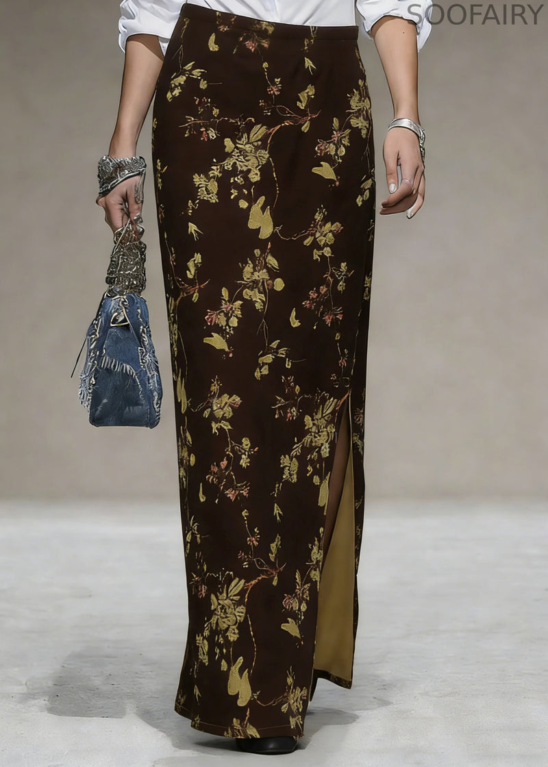 Coffee Print Side Open Silk Velvet Skirts High Waist