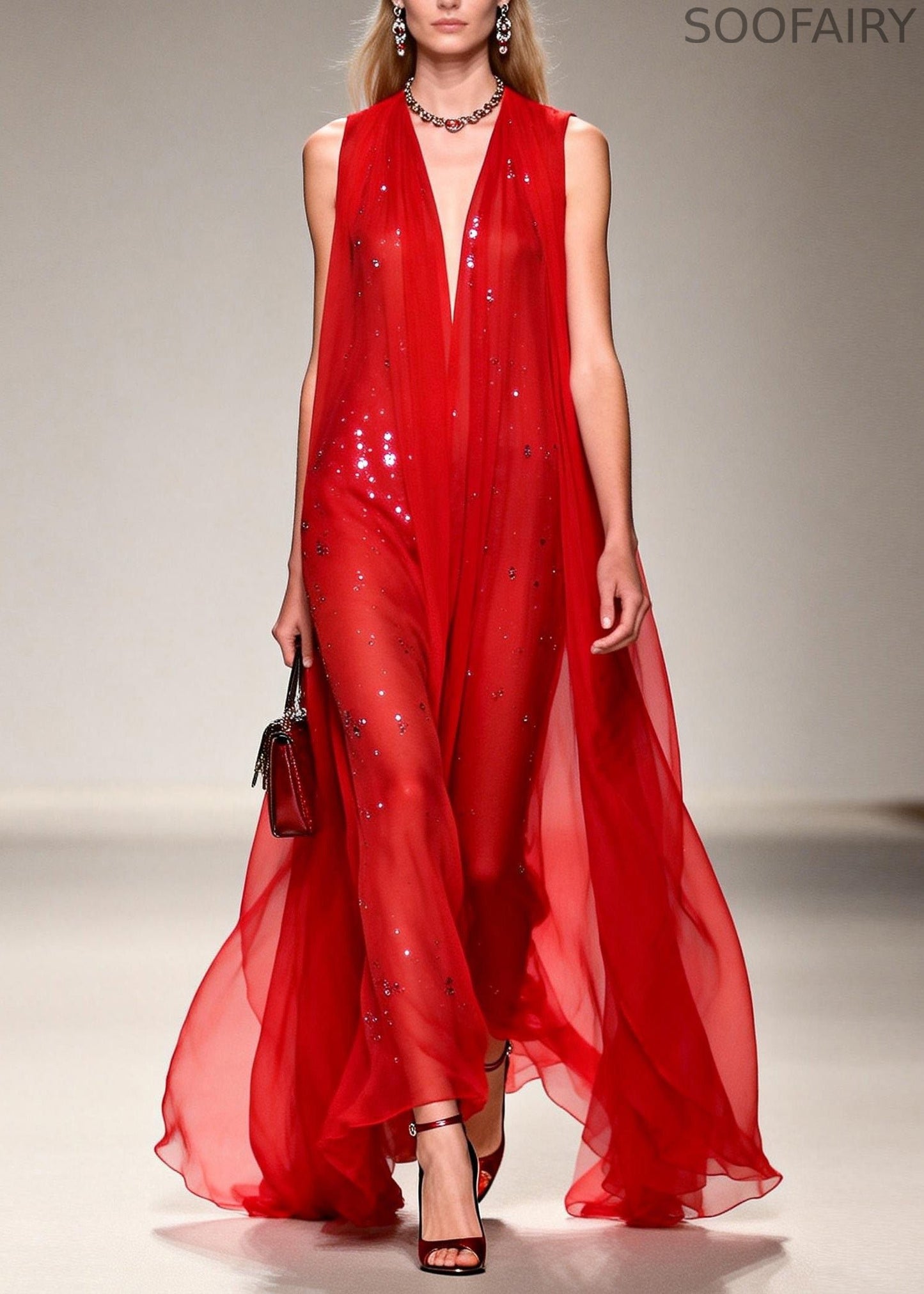 French Red V Neck Zircon Patchwork Chiffon Ankle Dress Sleeveless