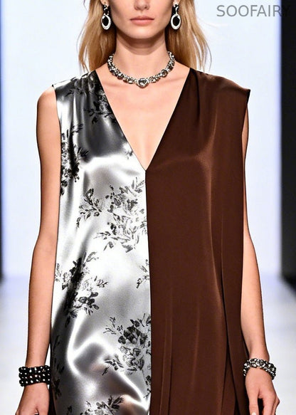 Chocolate Patchwork Chiffon Long Dress Asymmetrical Design Summer