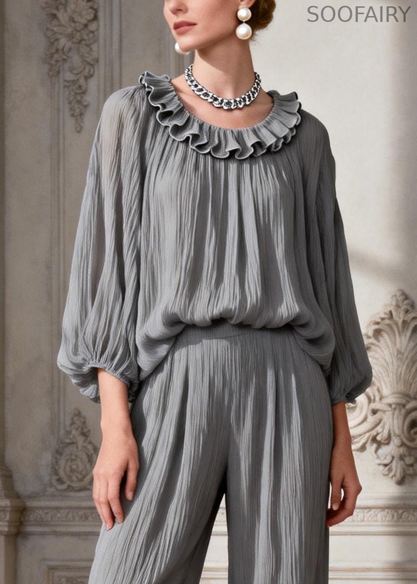 Simple Grey O Neck Ruffled Two Pieces Set Spring