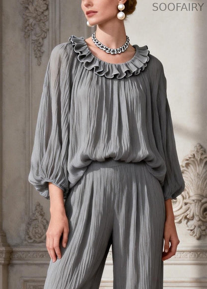 Simple Grey O Neck Ruffled Two Pieces Set Spring
