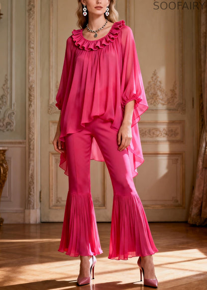 Loose Rose Ruffled Low High Design Chiffon Two Pieces Set Spring