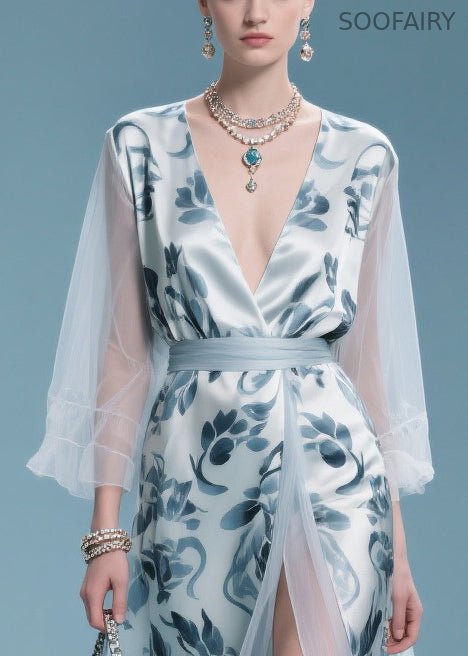 Italian Light Blue Print Patchwork Tulle Maxi Dress Summer