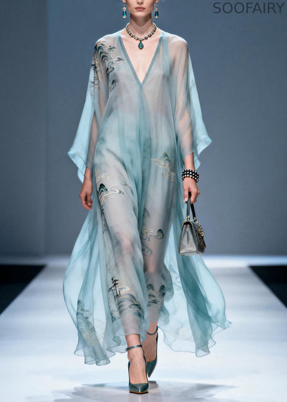 V Neck Print Chiffon Long Dresses Summer