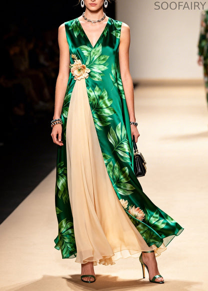 Green Print Handmade Flower Chiffon Long Dress Sleeveless