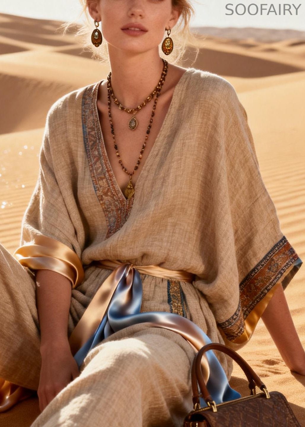 V Neck Print Tie Waist Patchwork Linen Jumpsuits Half Sleeve