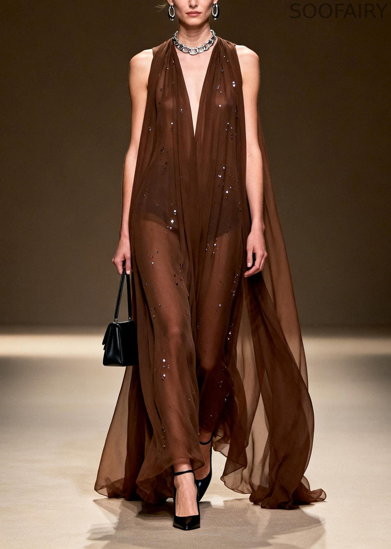 Stylish Chocolate Rhinestone Exra Large Hem Chiffon Vacation Dress Sleeveless