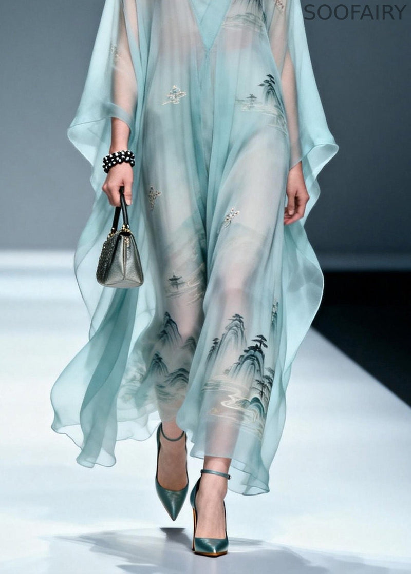 Blue V Neck Print Chiffon Long Dress Spring