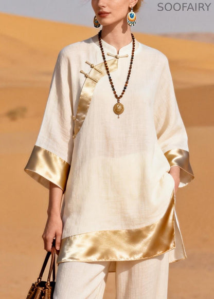 Chinese Style Beige Side Open Silk Patchwork Two Pieces Set Stand Collar Bracelet Sleeve