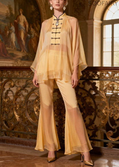 Yellow Button Shirts and Flare Bottoms Patchwork Chiffon Two Pieces Set Stand Collar Spring