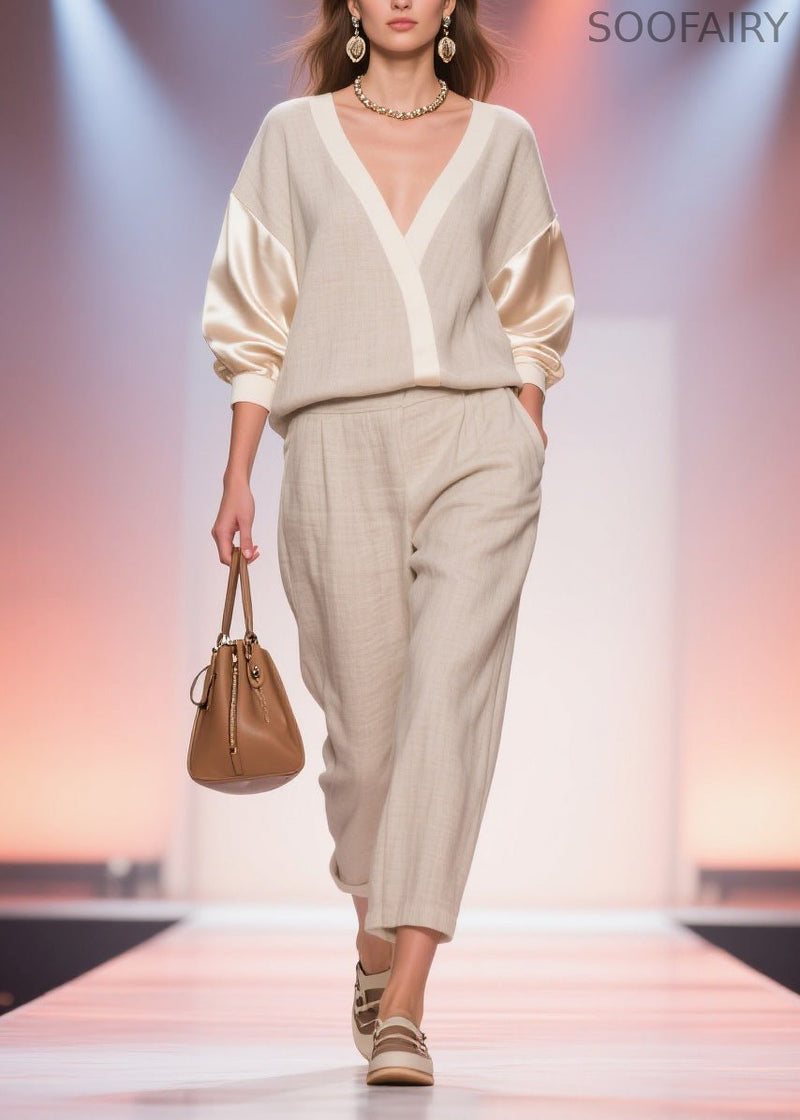 Unique V Neck Top and Pants Patchwork Linen Silk Two Pieces Set Spring