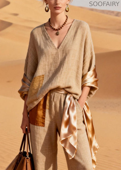 Asymmetrical Silk Patchwork T Shirt and Crop Pants Linen Two Piece Set V Neck Spring