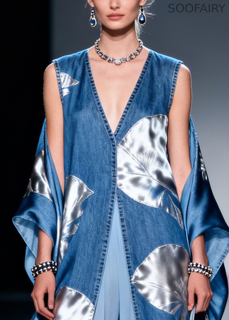 Blue Print Patchwork Exra Large Hem Denim a Line Dresses Summer