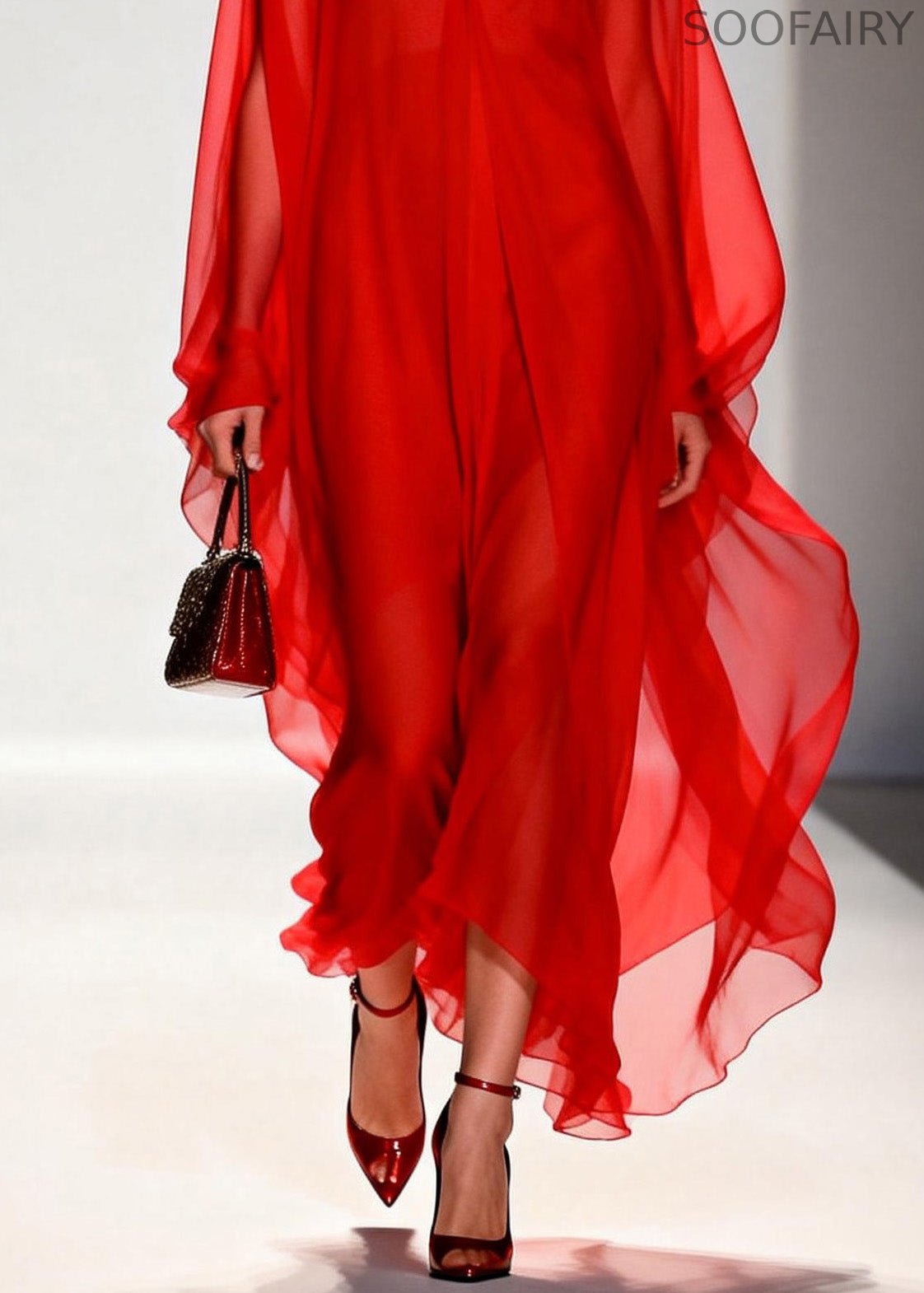 Simple Red V Neck Chiffon Long Dresses Spring