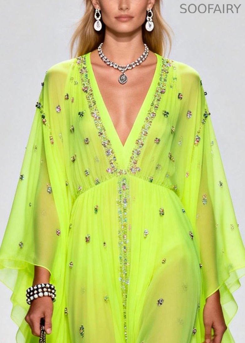 Original Design Fluorescent Green Rhinestone Exra Large Hem Chiffon Party Dresses Summer
