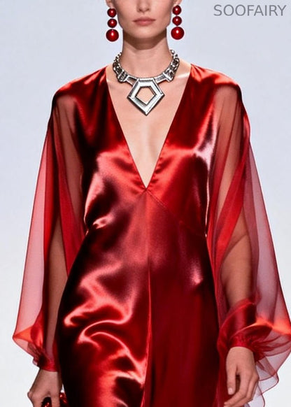 Unique Red V Neck Patchwork Tulle Maxi Dresses Summer