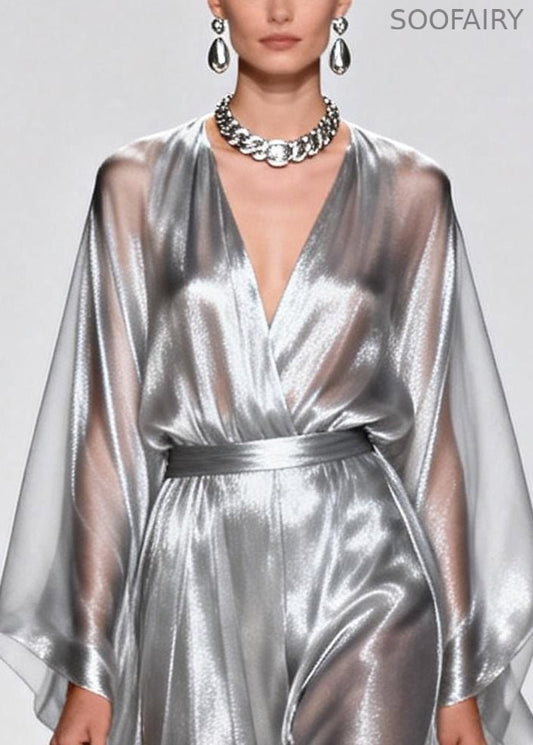 Silvery Tunic Draping Chiffon Long Dress Summer