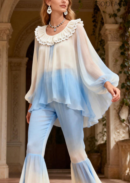 Stylish O Neck Ruffled Top and Pants Silk Two Piece Set Spring