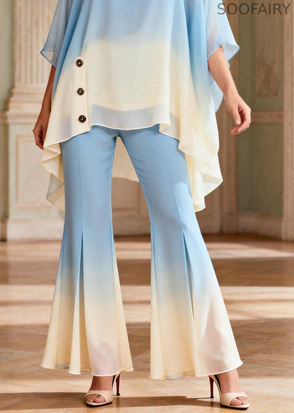 Gradient Color Blue O-neck Top and Flared Trousers Two Pieces Set Flare Sleeve