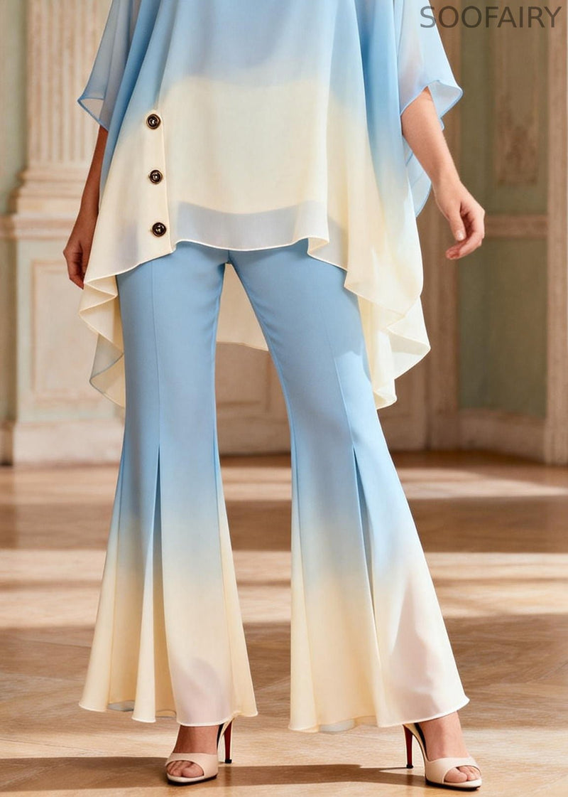 Gradient Color Blue O-neck Top and Flared Trousers Two Pieces Set Flare Sleeve