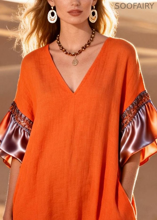 Boutique Orange Oversized Patchwork Cotton Holiday Dresses Summer