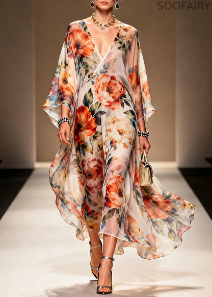 Italian V Neck Print Chiffon Long Dresses Summer