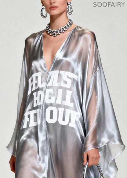 Silvery Letter Print Exra Large Hem Chiffon Beach Dresses Summer