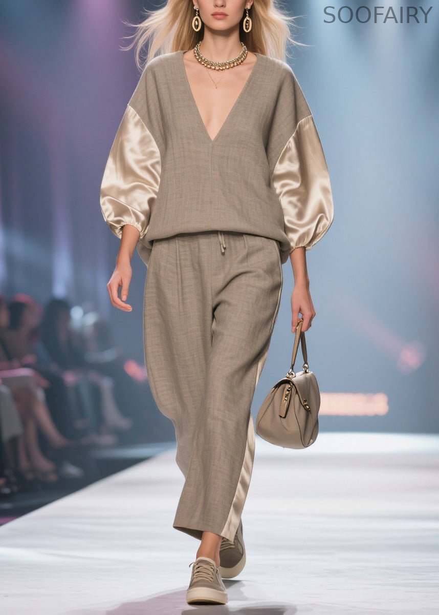 V Neck Patchwork Linen Silk Two Pieces Set Spring
