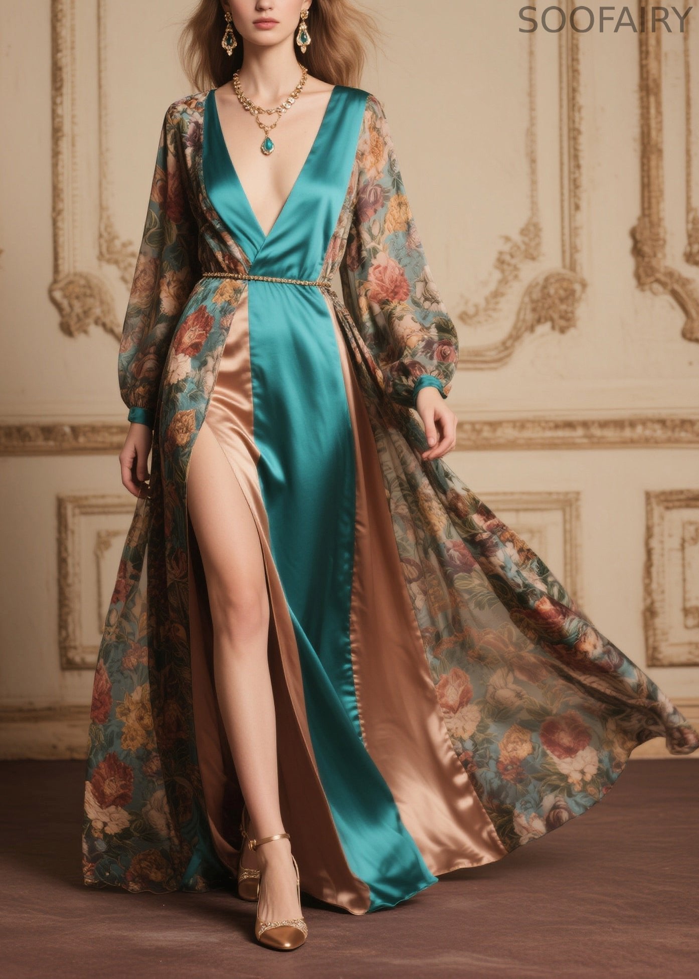 Handmade Side Open Patchwork Exra Large Hem Chiffon Long Dress Summer