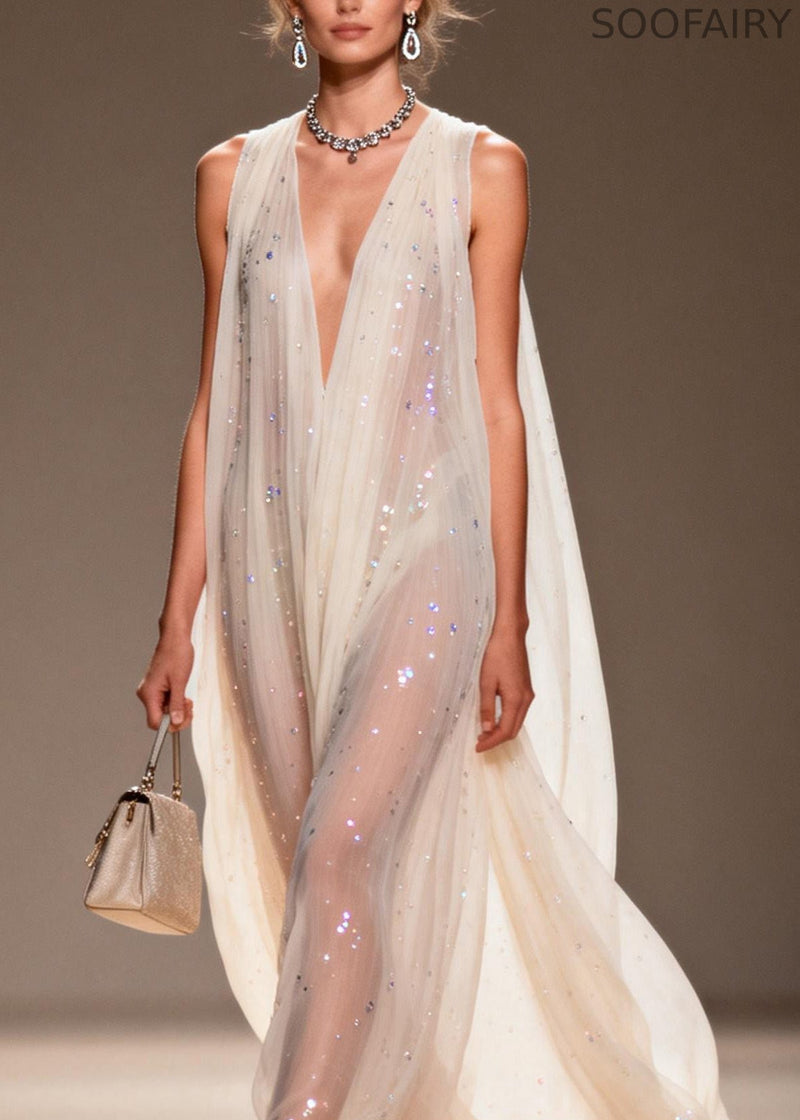 Loose V Neck Zircon Chiffon Dress Sleeveless