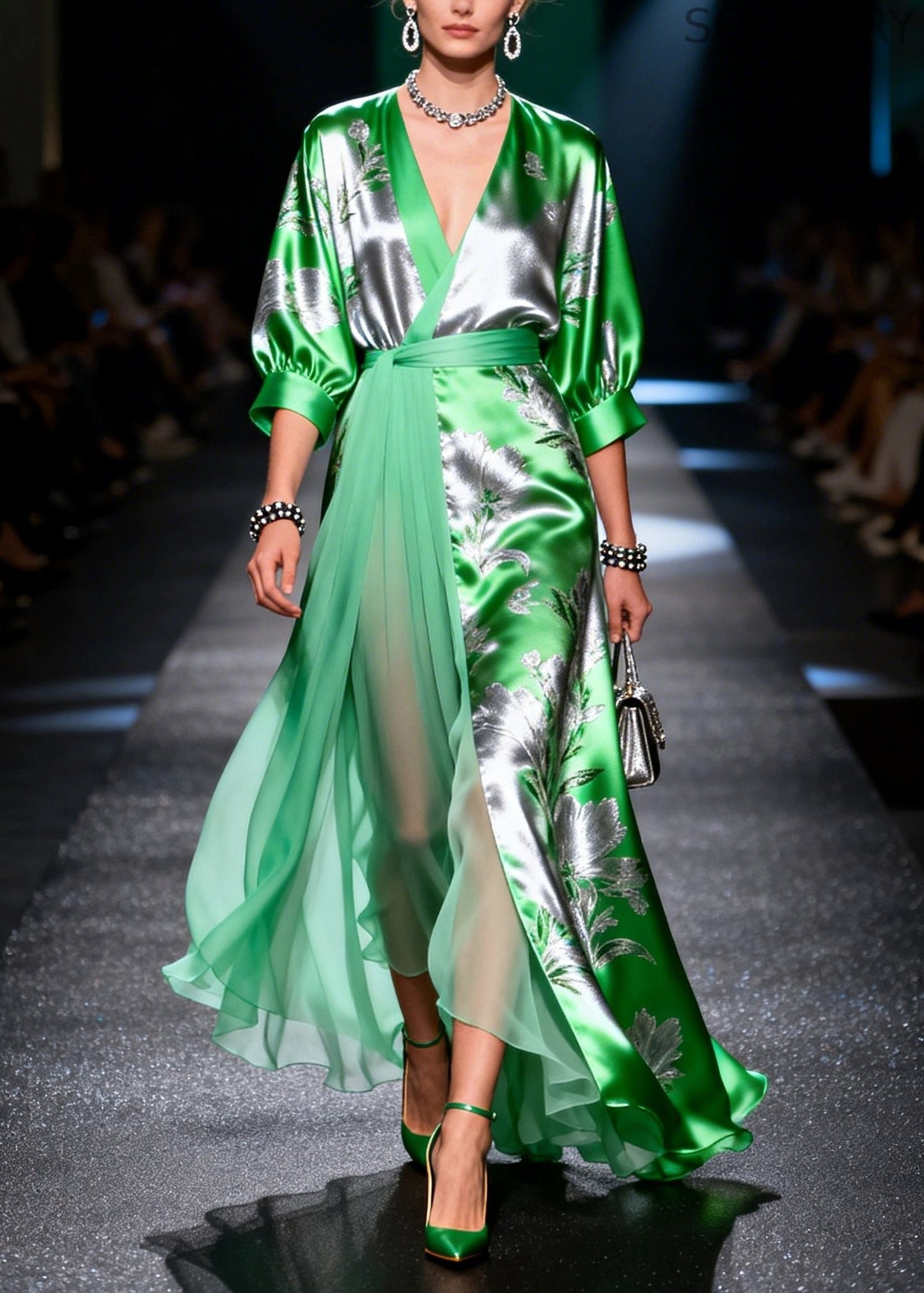 Fine Grass Green Jacquard Patchwork Low High Design Chiffon Maxi Dress Summer
