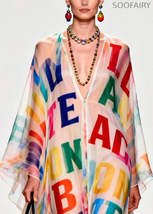 Oversized Letter Print Exra Large Hem Chiffon Beach Dress Summer