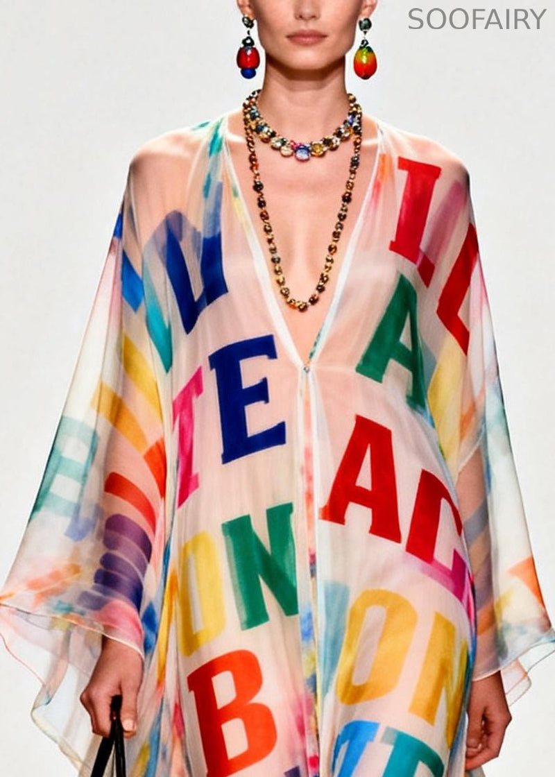 Oversized Letter Print Exra Large Hem Chiffon Beach Dress Summer
