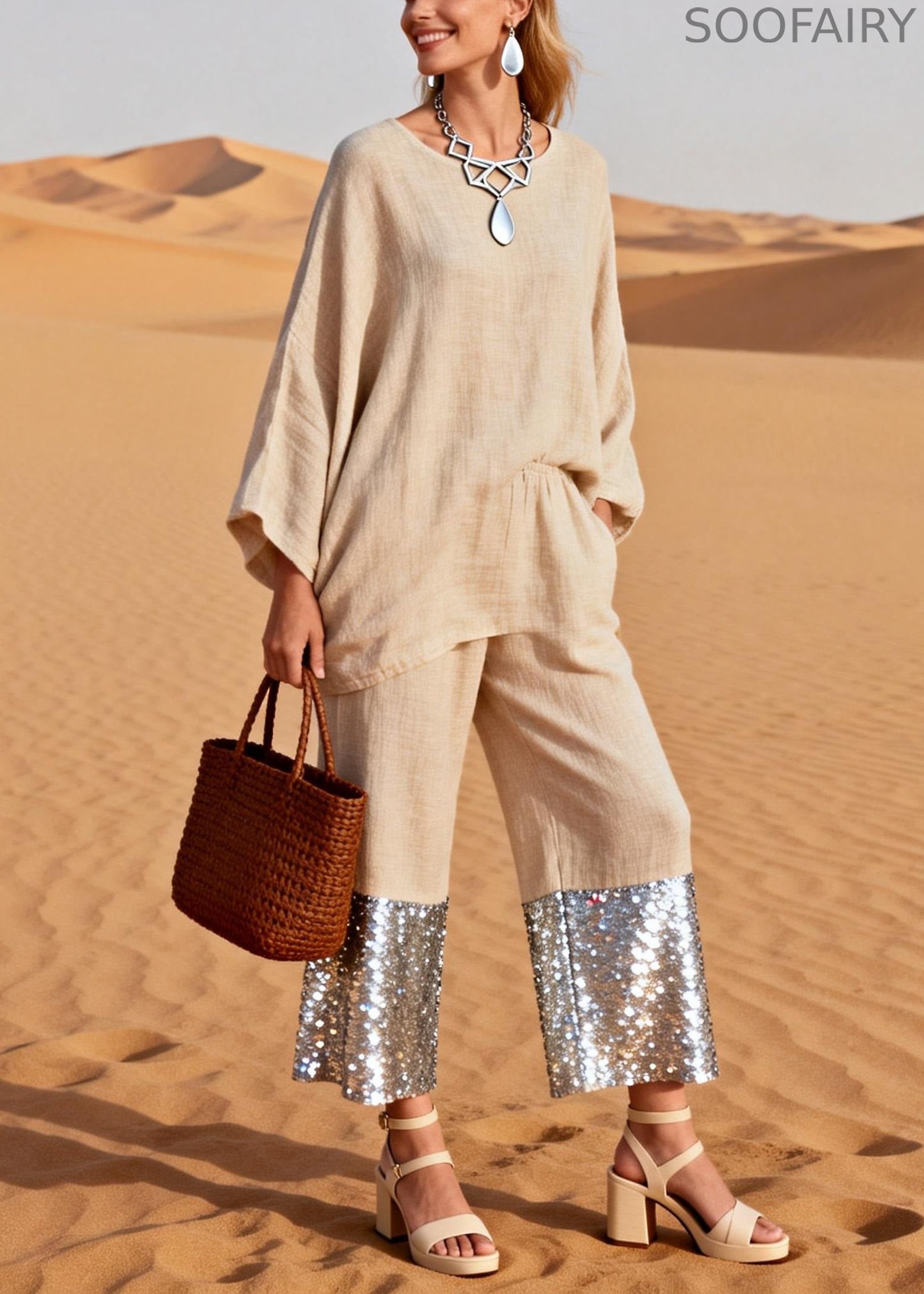 Khaki Sequins Patchwork Tops and Wide Leg Pants Two Pieces Set O Neck Spring