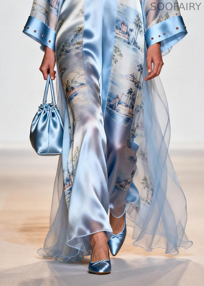 Light Blue Print Tulle Patchwork Rhinestone Dresses Summer