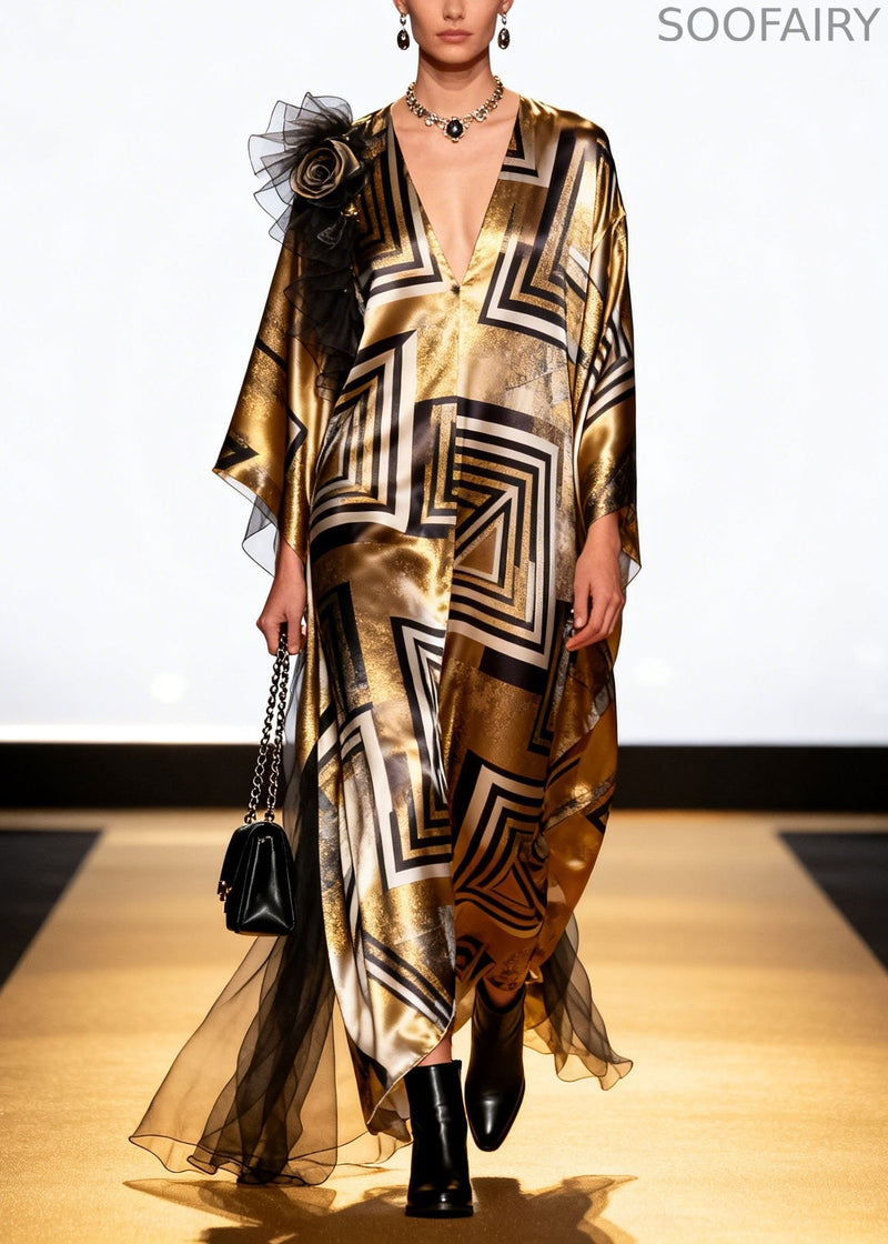 Loose V Neck Print Patchwork Silk Long Dress Spring