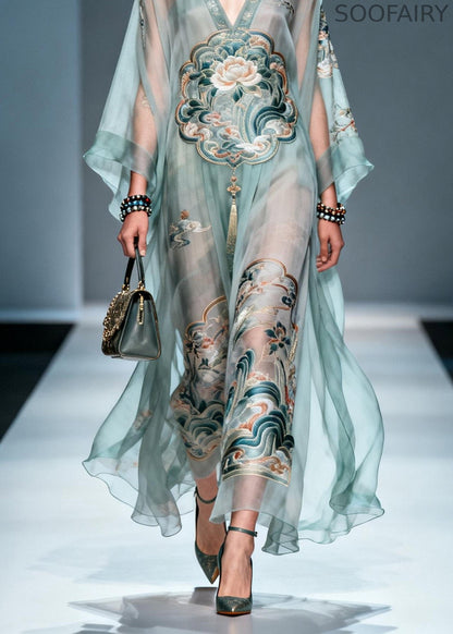 V Neck Print Loose Chiffon Long Dress Spring